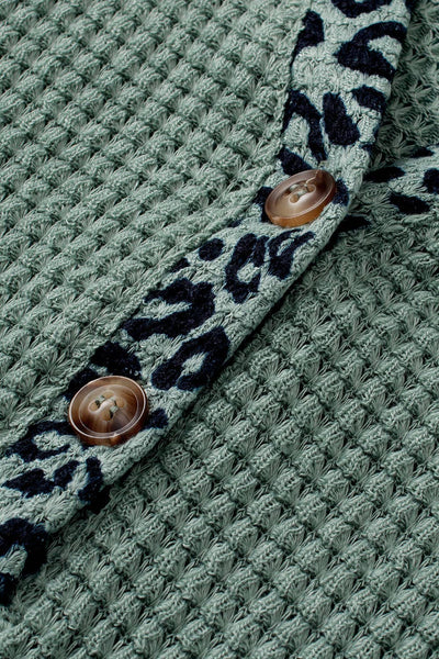 Green Leopard Waffle Knit Buttoned V Neck Blouse