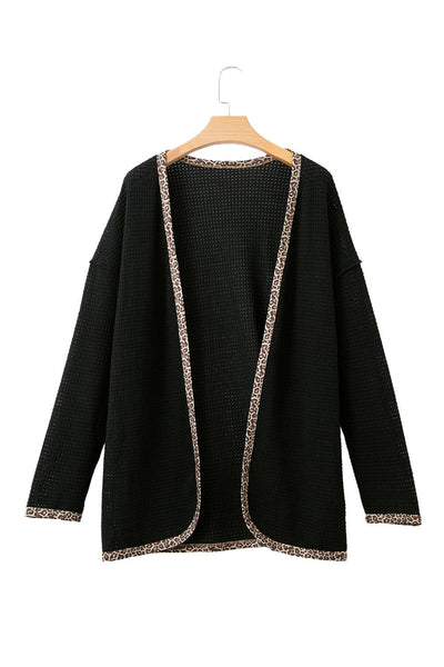 Black Leopard Contrast Waffle Knit Open Front Cardigan