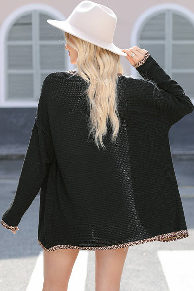 Black Leopard Contrast Waffle Knit Open Front Cardigan