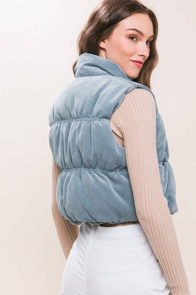 Corduroy Zip Up Puffer Vest With Pockets