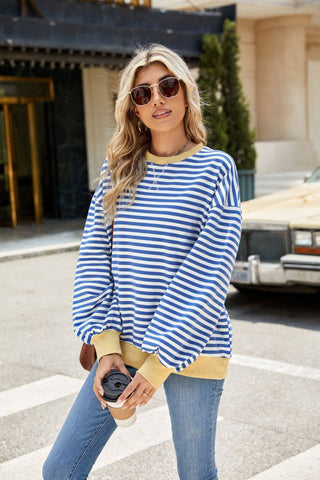 Striped Crew Neck Contrast Color Loose Long Sleeve Sweater