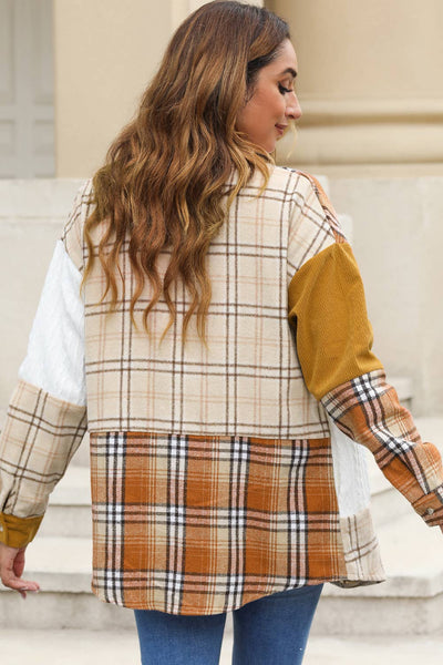 Plaid Color Block Patchwork Shirt Jacket with Pocket