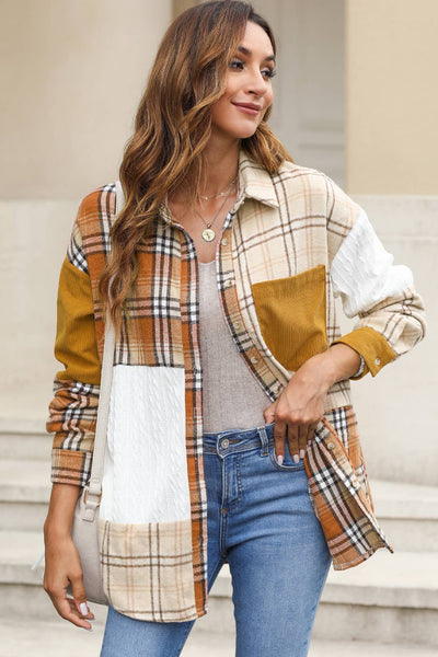 Plaid Color Block Patchwork Shirt Jacket with Pocket