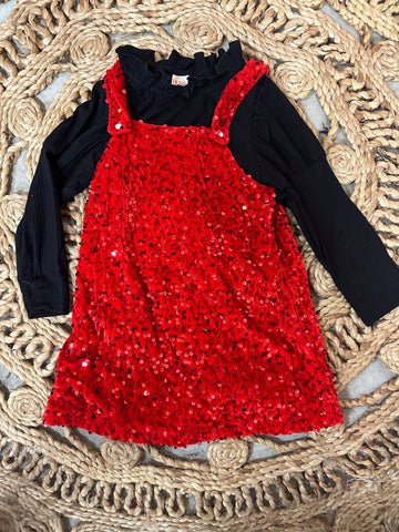 Red sequin bib dress