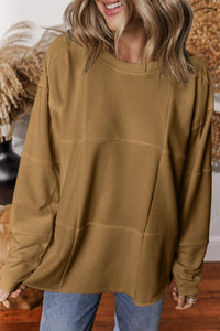 French Beige Solid Color Patchwork Drop Shoulder Baggy Sweatshirt