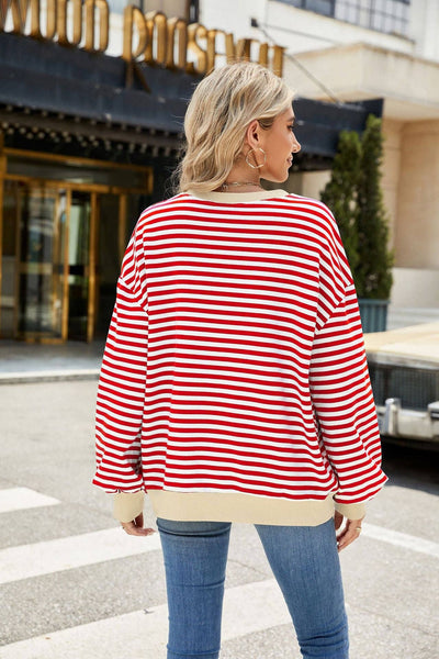 Striped Crew Neck Contrast Color Loose Long Sleeve Sweater