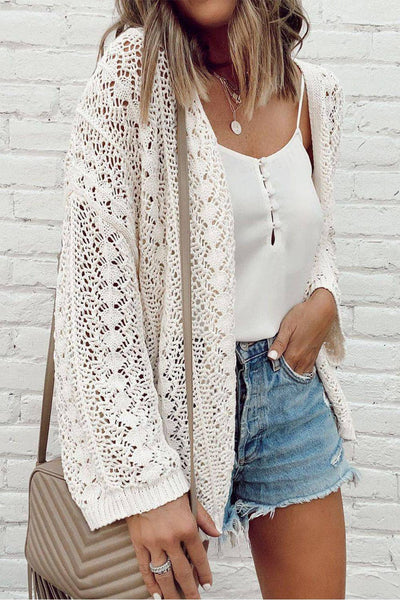 White Stylish Hollow Out Knit Drop Shoulder Cardigan