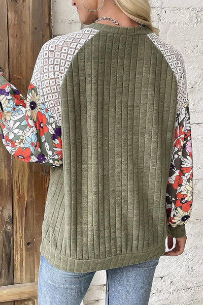 Laurel Green Floral Patchwork Long Sleeve Ribbed Blouse