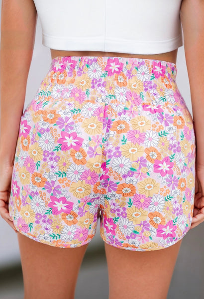 Pink Retro Floral Shirred High Waist Athletic Shorts