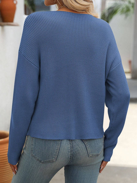 Crew Neck Pocket Decorative Top Long Sleeve Sweater