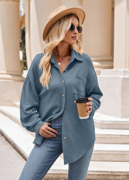 Women's Casual Loose Pocket Waffle Fashion Shirt