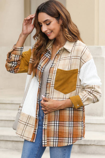 Plaid Color Block Patchwork Shirt Jacket with Pocket