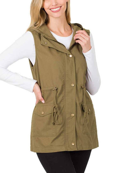 Drawstring Waist Military Hoodie Vest