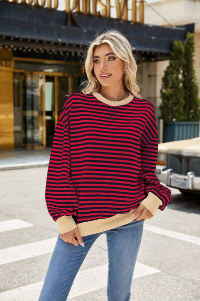 Striped Crew Neck Contrast Color Loose Long Sleeve Sweater