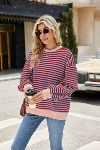 Striped Crew Neck Contrast Color Loose Long Sleeve Sweater