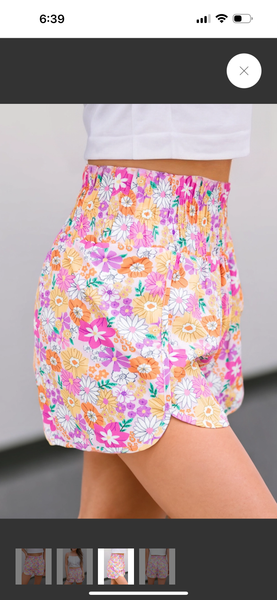 Pink Retro Floral Shirred High Waist Athletic Shorts