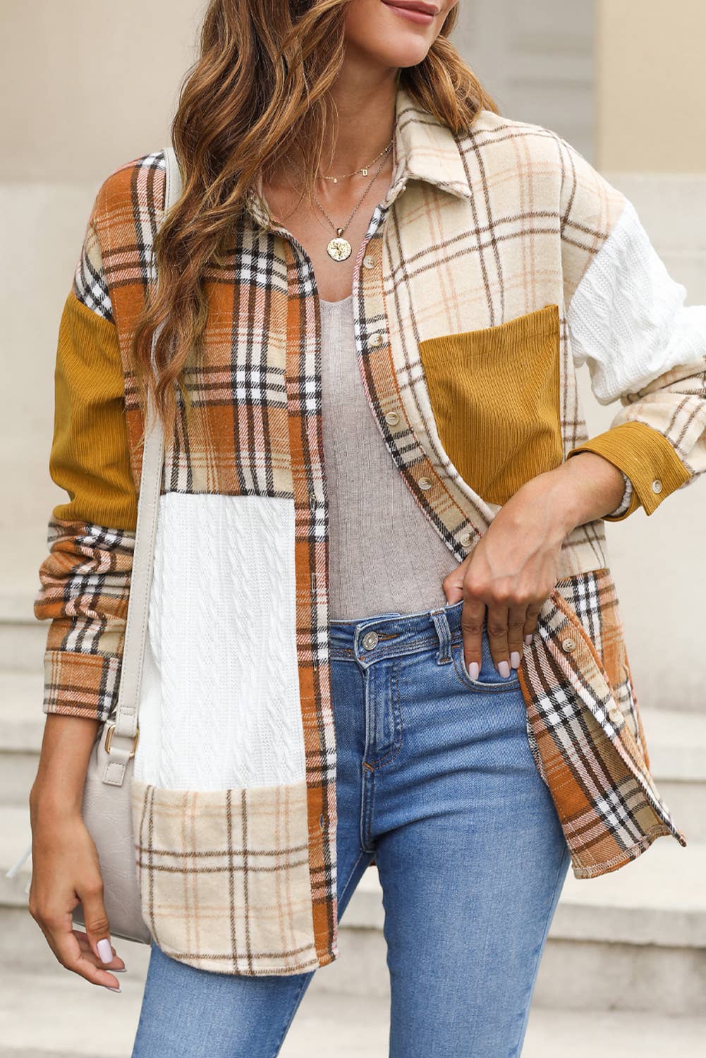 Plaid Color Block Patchwork Shirt Jacket with Pocket