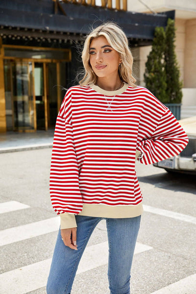 Striped Crew Neck Contrast Color Loose Long Sleeve Sweater