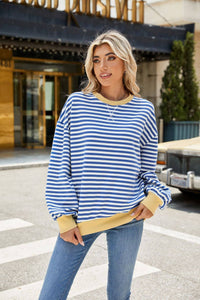 Striped Crew Neck Contrast Color Loose Long Sleeve Sweater