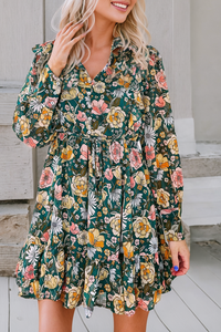 Green Buttoned Bodice Ruffled Floral Dress