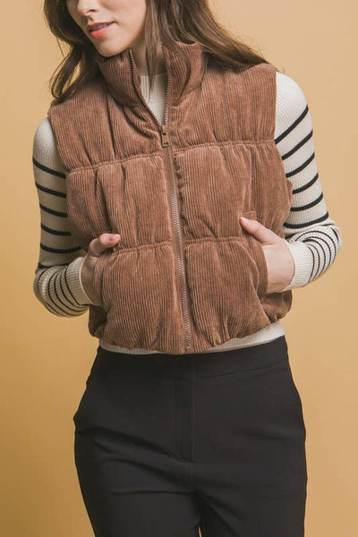 Corduroy Zip Up Puffer Vest With Pockets