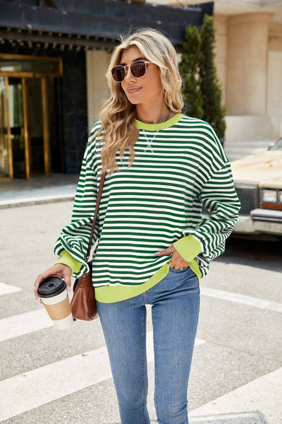 Striped Crew Neck Contrast Color Loose Long Sleeve Sweater