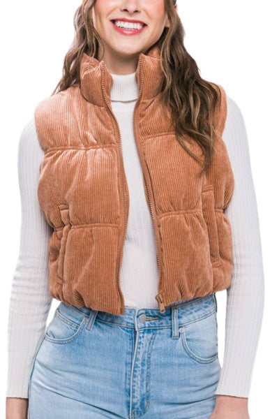 Corduroy Zip Up Puffer Vest With Pockets