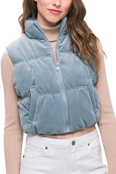 Corduroy Zip Up Puffer Vest With Pockets