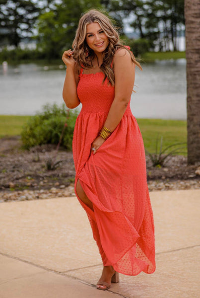 Strawberry Red Swiss Dot Maxi Dress