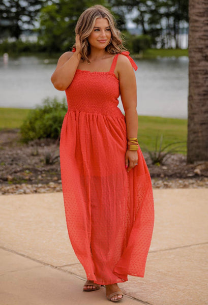 Strawberry Red Swiss Dot Maxi Dress