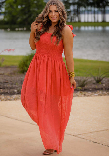 Strawberry Red Swiss Dot Maxi Dress