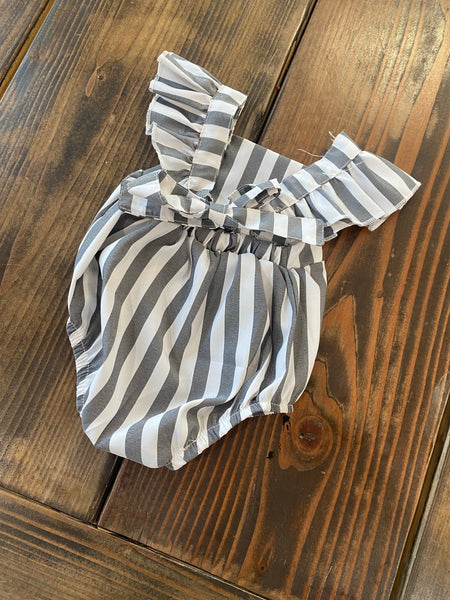 Gray Striped Ruffle Romper