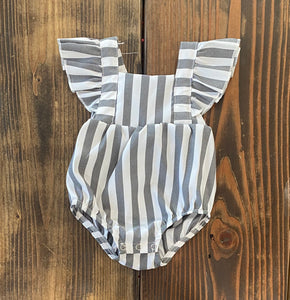 Gray Striped Ruffle Romper